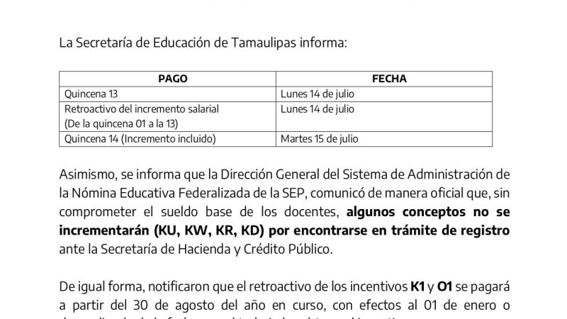 Anuncia SET fechas de pago y aplicación del incremento salarial para docentes