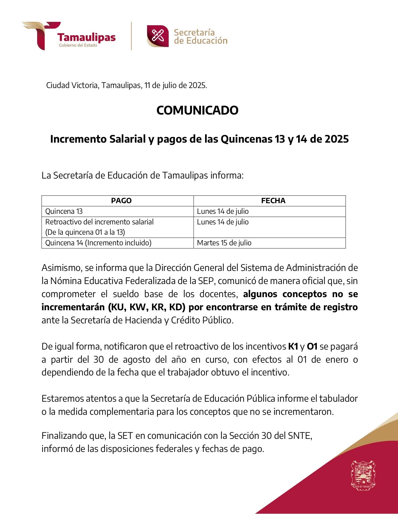 Anuncia SET fechas de pago y aplicación del incremento salarial para docentes
